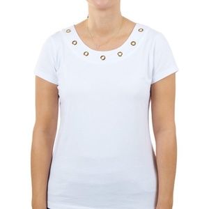 Hearts of Palm Women's Rings Scoop Neck White Top In The Navy ~ Large